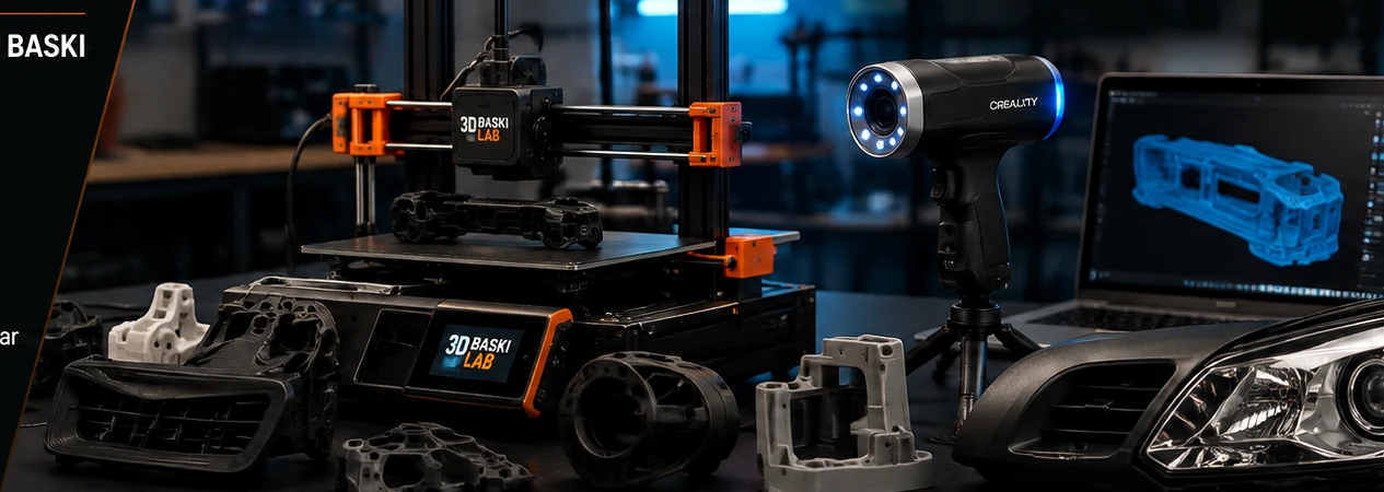 3D yazıcı, 3D tarayıcı ve otomotiv plastik parça tasarımını gösteren 3D Baskı Lab tanıtım görseli